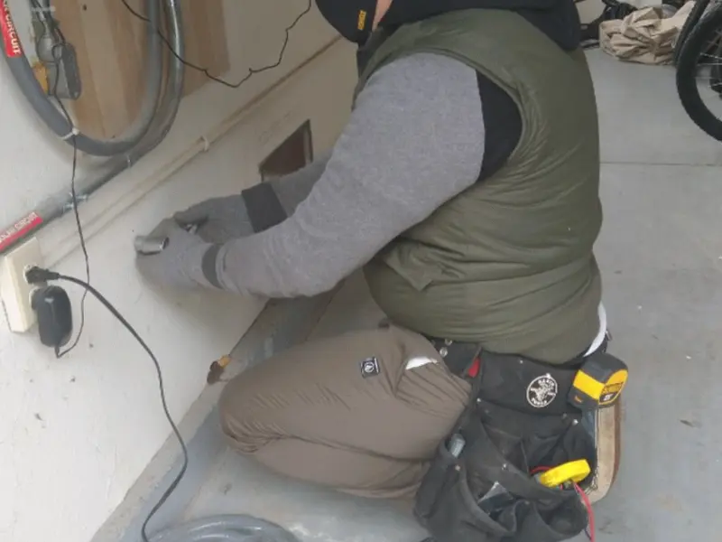 Electrician performing outlet wiring in a West St. Paul garage